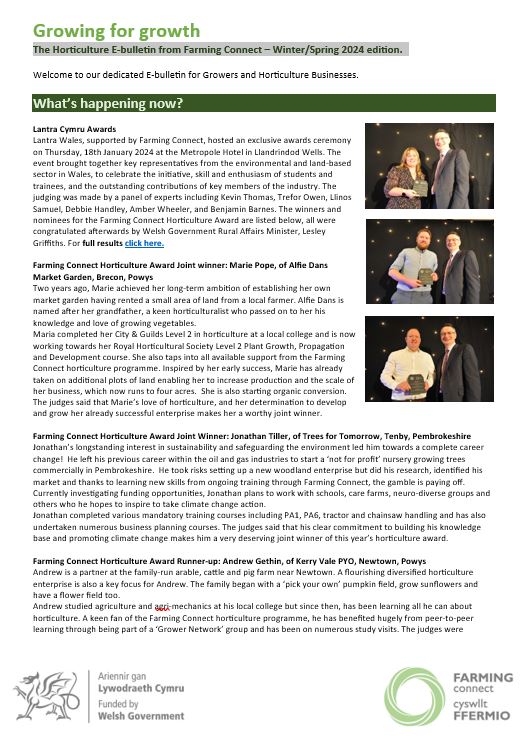 The Horticulture E-bulletin from Farming Connect – Winter/Spring 2024 edition