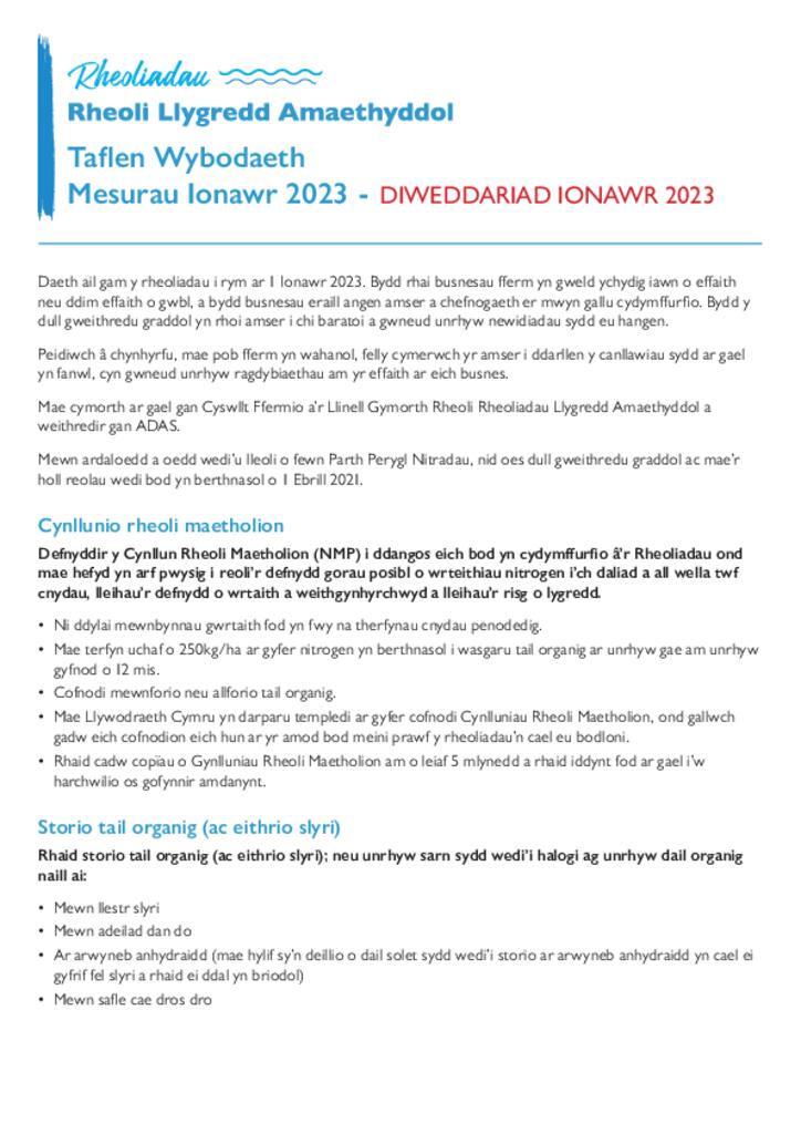 Taflen Gwybodaeth Llygredd Amaethyddol - Mesurau Ionawr 2023