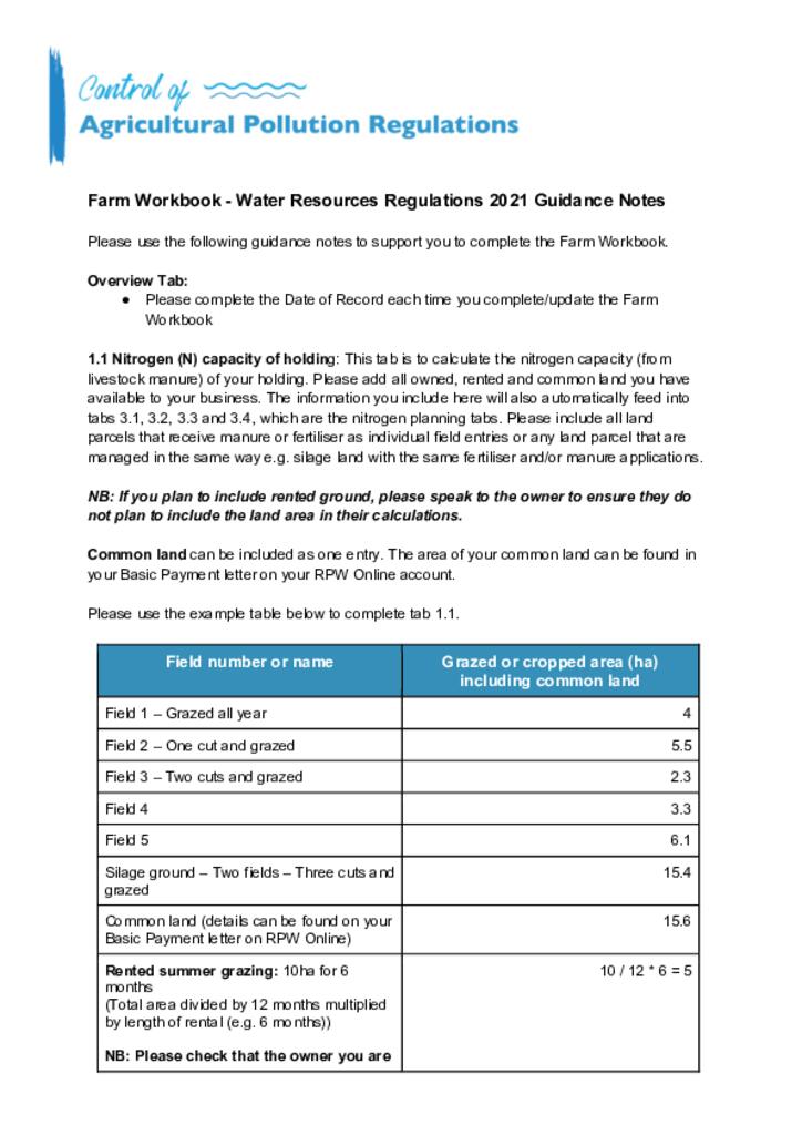 Farm Workbook - Guidance
