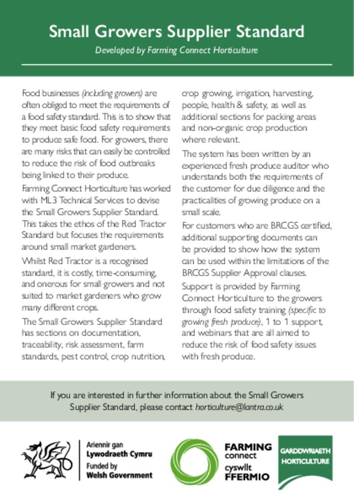 Safon i Gyflenwyr sy’n Dyfwyr ar Raddfa Fach -Small Growers Supplier Standard