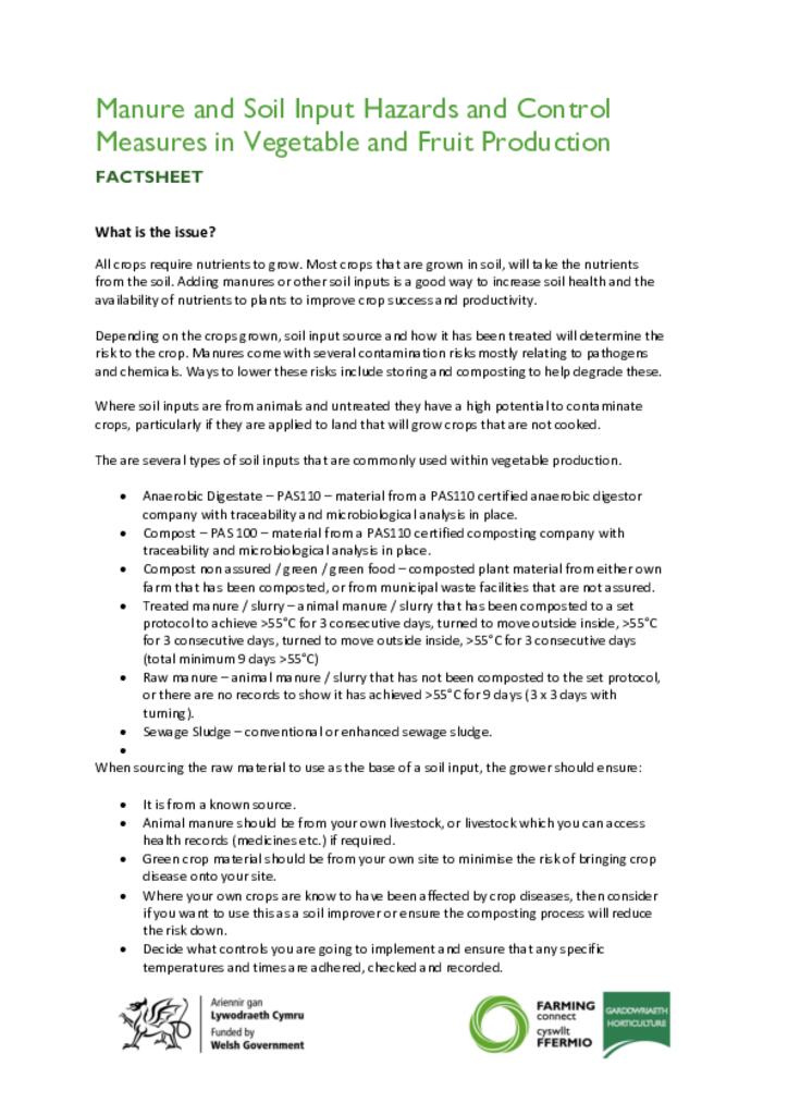 Manure and Soil Input Hazards and Control Measures in Vegetable and Fruit Production