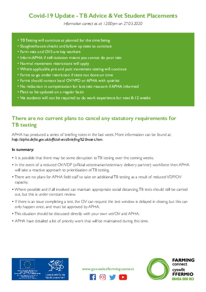 Covid-19 Update - TB Advice & Vet Student Placements