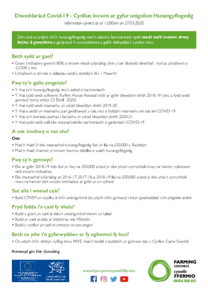 Diweddariad Covid-19 - Cynllun Incwm ar gyfer unigolion Hunangyflogedig