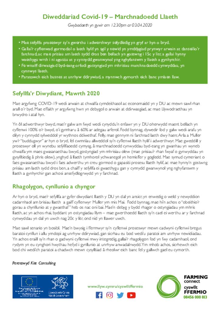 Diweddariad Covid-19 – Marchnadoedd Llaeth