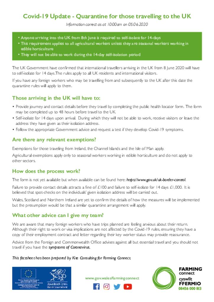 Covid-19 Update - Quarantine for those travelling to the UK
