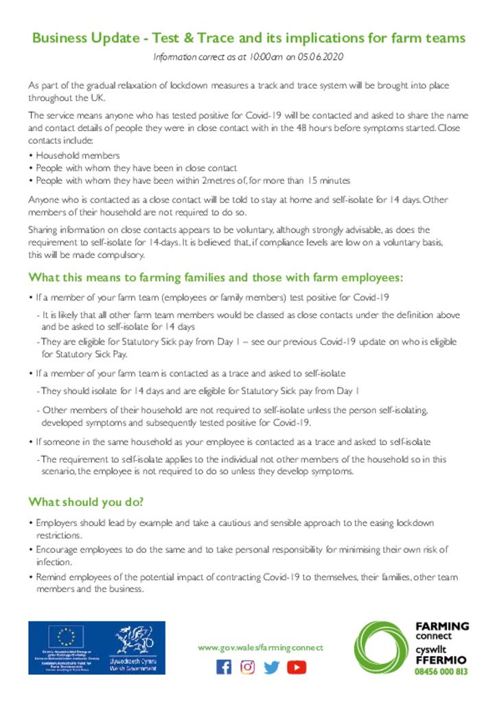 Business Update - Test & Trace and its implications for farm teams