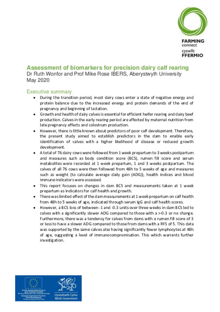Assessment of biomarkers for precision dairy calf rearing