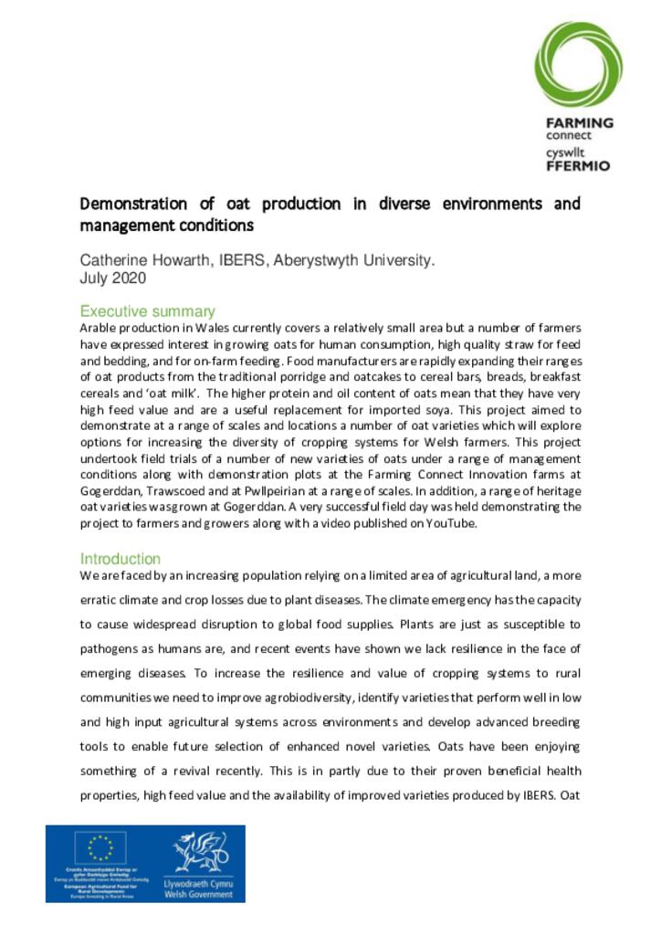 Demonstration of oat production in diverse environments and management conditions