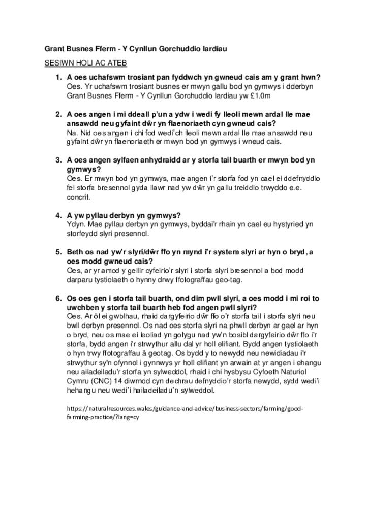 Grant Busnes Fferm - Y Cynllun Gorchuddio Iardiau - Sesiwn Holi ac Ateb