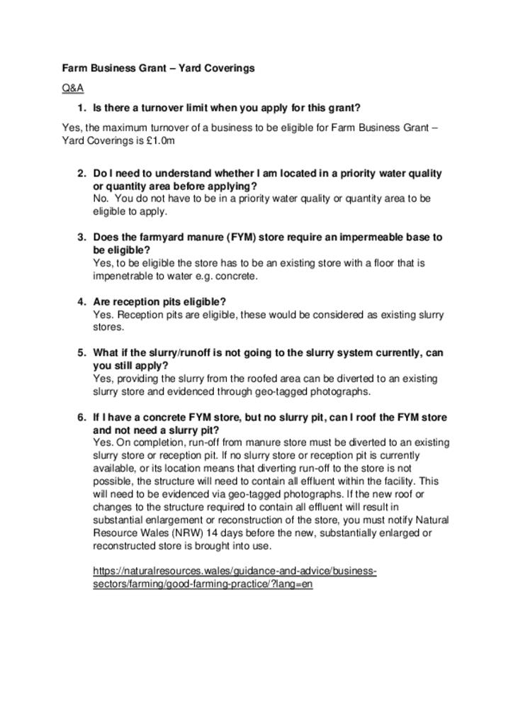 Farm Business Grant - Yard Coverings - Question and Answers