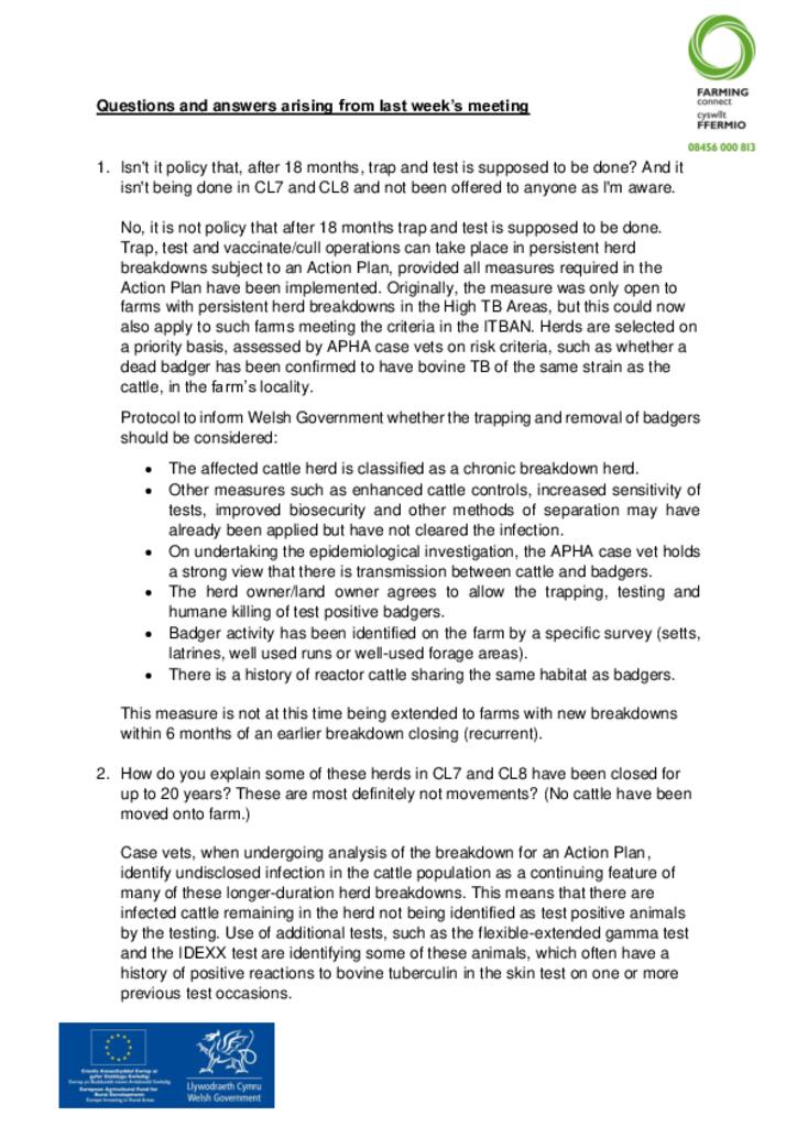 The Intermediate TB Area North - next steps - Questions and Answers