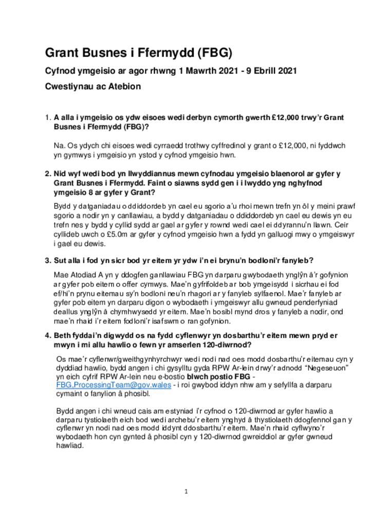 Grant busnes i ffermydd - Cwestiynau