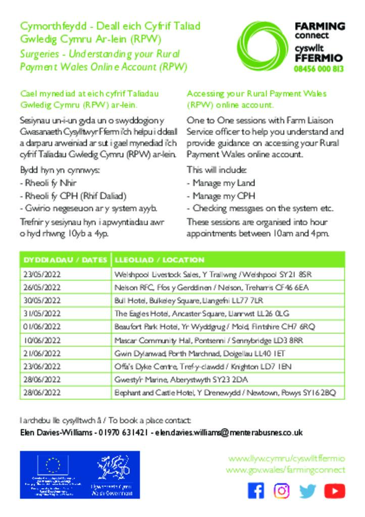 Cymorthfeydd - Deall eich Cyfrif Taliad Gwledig Cymru Ar-lein (RPW) / Surgeries - Understanding your Rural Payment Wales Online 