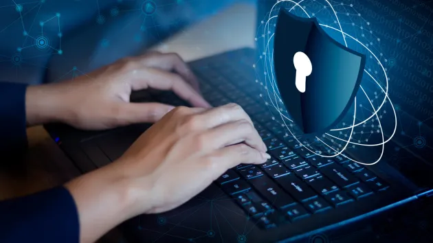 person using a laptop and a digital padlock image