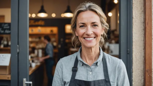 Mature female employee stood outside a cafe