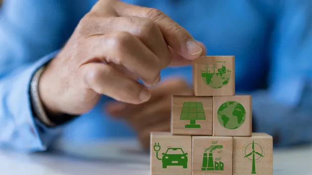 Net zero concept - wind turbines, electric cars, recycling