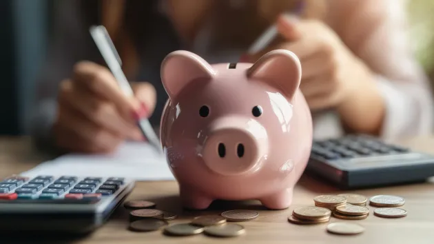 piggy bank, calculator and money