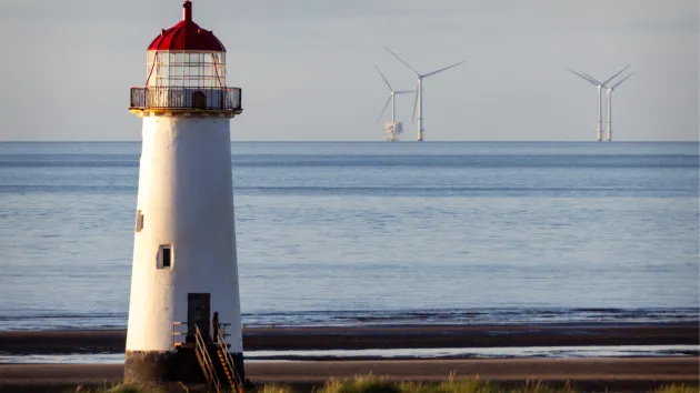 Talacre beach, light house and off shore wind farm 
