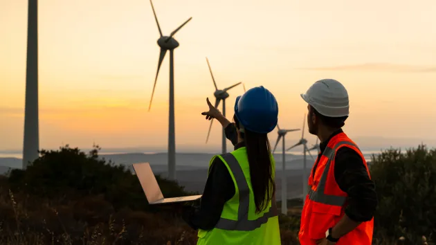 Engineers looking at wind turbines at sunset 