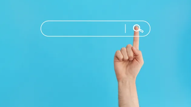 blue background, hand and search bar