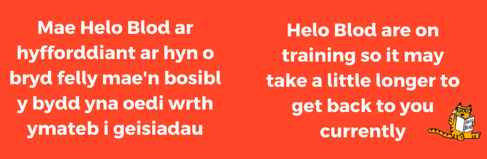 Mae Helo Blod ar hyfforddiant ar hyn o bryd felly mae'n bosibl y bydd yna oedi wrth ymateb i geisiadau