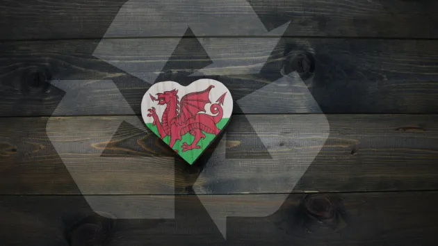 heart shape map of Wales and a recycling symbol