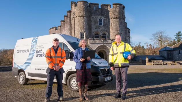 Louis Thomas, Openreach specialist engineer (part of team that worked to connect Picton Castle); Dr Rhiannon Talbot-English, Picton Castle Director; Martin Williams, Openreach Partnership Director for Wales.