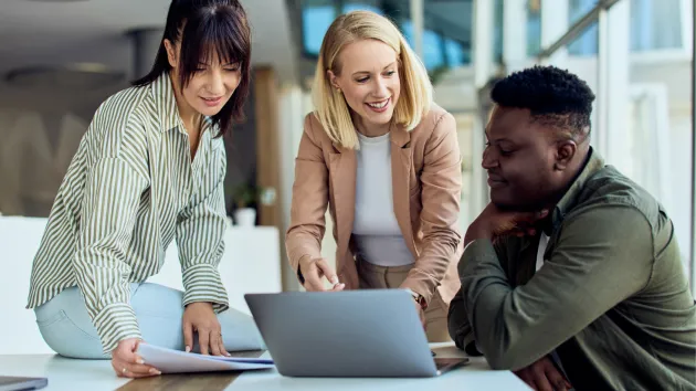 colleagues looking at a lap top