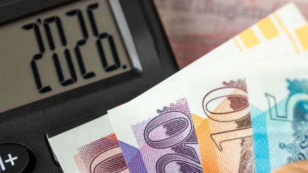 Calculator with 2026 and £50, £20, £10 and £5 notes 