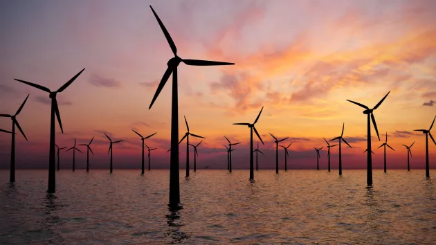 Wind turbines at sea, sunset