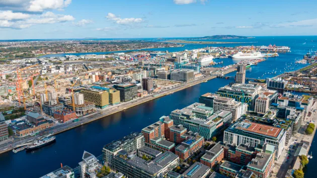 Aerial view on the channel part of Dublin near the port at autumn