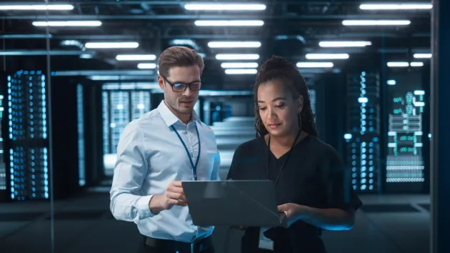 Businesswoman Listens to Professional Advisor in Her Office, They Discuss Data Show on a Laptop.