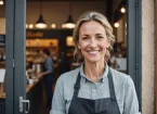 Mature female employee stood outside a cafe 