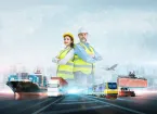Innovation technology digital future of logistics cargo freight transportation import export, Engineer and worker at shipping port on world map