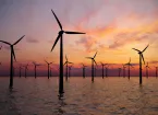 Wind turbines at sea, sunset 