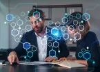 Business colleagues, digital overlay, hexagons 