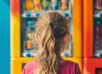 Child looking at a supermarket fridge holding drinks 