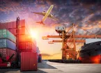 Logistics and transportation of Container Cargo ship and Cargo plane with working crane bridge in shipyard at sunrise