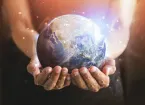 Businessman holding in hands with global connection concept