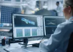 Female Engineer uses Computer to Analyse Satellite, Calculate Orbital Trajectory Tracking.
