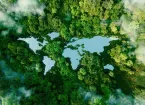 A lake in the shape of the world's continents in the middle of untouched nature. A metaphor for ecological travel, conservation, climate change, global warming and the fragility of nature.
